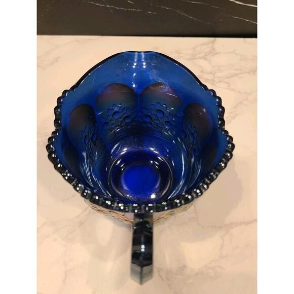Fenton Carnival Glass Creamer Orange Tree Pattern Blue Base Scallop Edge GUC - Picture 6 of 9